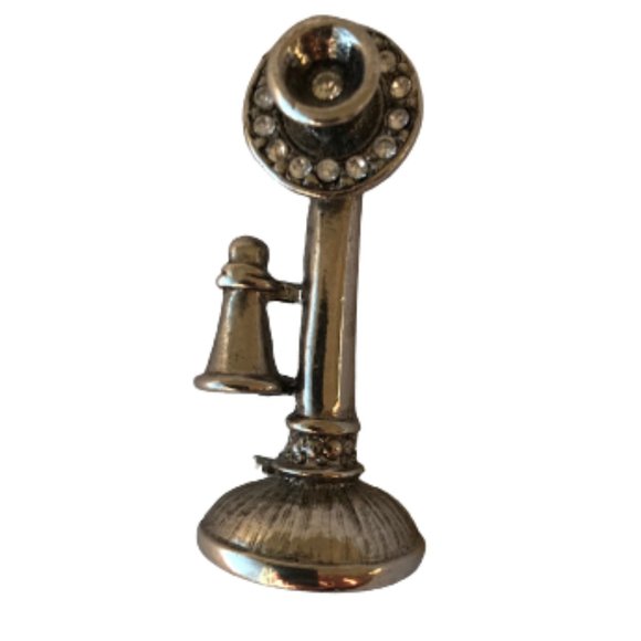 Vintage Silver Rhinestones Retro Phone Pin Brooch - Picture 2 of 5